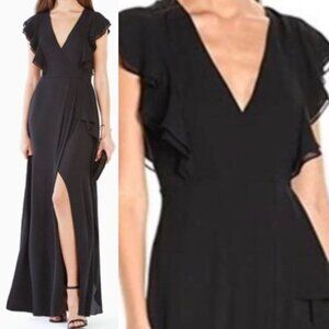 NWT BCBG MAXAZRIA CALLIE V Neck Chiffon RUFFLED GOWN Dress Black Size 0